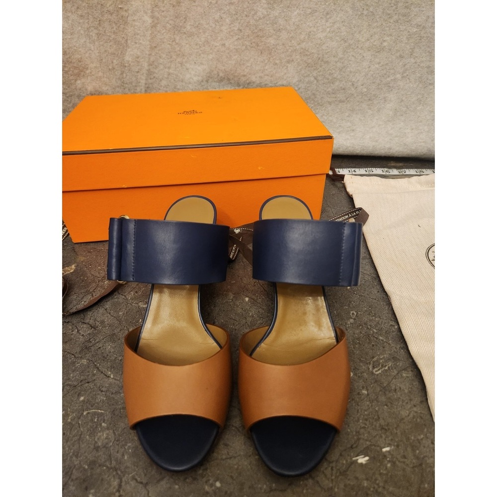 Hermes Leather Bicolor Mule Sandals Heels 37 1/2 Resoled Dust Bag Box - Picture 2 of 16